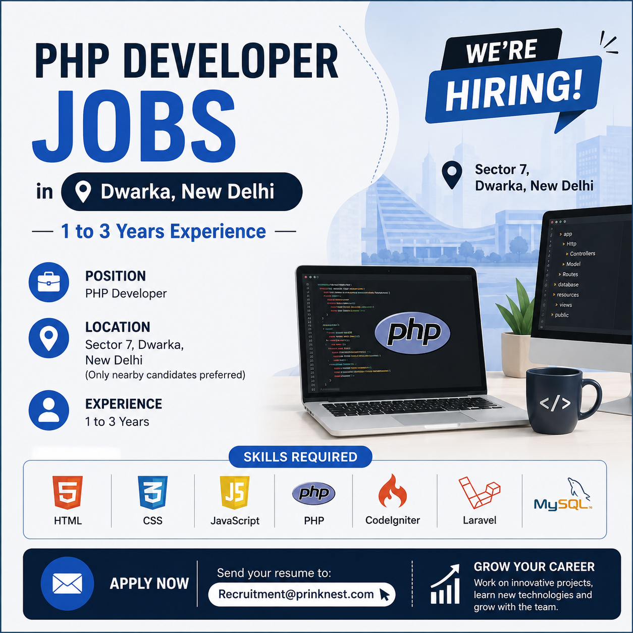PHP Developer Jobs in Dwarka, New Delhi – 1 to 3 Years Experience